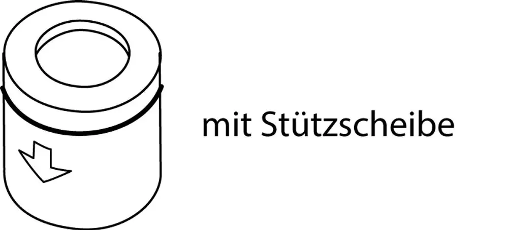 Zeichnung einer RV-Patrone von Ideal Standard mit Stützscheibe, dargestellt in einem schematischen Design mit einem nach unten zeigenden Pfeil.